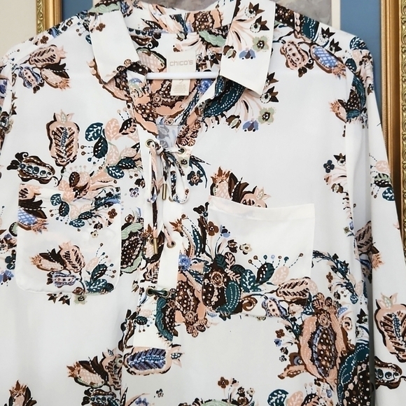 Silky Soft Botanical Lace-Up Tunic Top Floral Lagenlook Coastal Career Medium - Picture 11 of 14